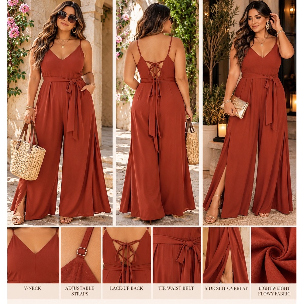 Forever 21 Contemporary Rust Orange Lace Up Back Wide Leg Slit Jumpsuit Large